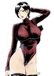 Rule 34 | 1girl, ada wong, arm at side, arm behind head, arm up, artist name, asian, black hair, black thighhighs, bob cut, breasts, club3, eyeshadow, grey eyes, groin, heattech leotard, highres, hip focus, holster, large breasts, leotard, licking lips, long sleeves, makeup, mascara, one eye closed, parted bangs, pink lips, red leotard, resident evil, resident evil 4, ribbed leotard, shiny skin, short hair, shoulder holster, simple background, solo, steaming body, thighhighs, thighs, tongue, tongue out, white background