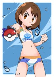 Rule 34 | 1girl, alternate costume, armpits, bike shorts, blurry, border, breasts, brown eyes, brown hair, clenched hand, closed mouth, commentary request, cosplay, cowboy shot, creatures (company), dynamax band, eyelashes, frown, game freak, gloria (pokemon), gloves, hainchu, highres, holding, holding poke ball, medium hair, navel, nessa (pokemon), nessa (pokemon) (cosplay), nintendo, partially fingerless gloves, poke ball, pokemon, pokemon swsh, shiny skin, shirt, single glove, sleeveless, sleeveless shirt, solo, water drop, white border