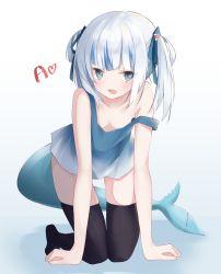 Rule 34 | 1girl, a (phrase), adapted costume, all fours, bad id, bad pixiv id, bare arms, bare shoulders, black thighhighs, blue dress, blue hair, blush, cellphone, collarbone, commentary, downblouse, dress, fins, fish tail, gawr gura, hair ornament, highres, hololive, hololive english, looking at viewer, loungewear, multicolored hair, no bra, no shoes, open mouth, phone, shark girl, shark hair ornament, shark tail, sharp teeth, short twintails, simple background, smartphone, solo, strap slip, streaked hair, tail, teeth, thighhighs, twintails, two side up, virtual youtuber, white hair, yuzuno kaori, zettai ryouiki