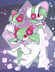 Rule 34 | 3girls, arms up, artist name, blunt bangs, blush, blush stickers, bob cut, bonnet, capelet, closed mouth, clothed pokemon, colored skin, creatures (company), diamond (shape), evolutionary line, female focus, flat chest, flower, from behind, full body, game freak, gardevoir, gardevoir (fashionable), gen 3 pokemon, green hair, green skin, hair flower, hair ornament, hair over eyes, hair over one eye, hand up, happy, hat, hat flower, highres, kirlia, knees together feet apart, kozuo, long hair, looking at viewer, looking back, multicolored skin, multiple girls, nintendo, outline, outstretched arms, pink trim, pokemon, pokemon (creature), pokemon unite, purple background, ralts, red eyes, red flower, short hair, signature, smile, standing, standing on one leg, two-tone skin, white capelet, white headwear, white outline, white skin