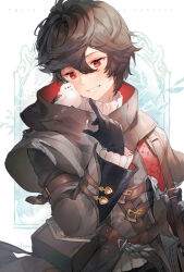 Rule 34 | 1boy, 1other, ahoge, animal, animal on shoulder, arm up, bag, belt, bird, bird on shoulder, black gloves, brown hair, commentary, commentary request, endend (shinia), english commentary, english text, gloves, granblue fantasy, grin, hair between eyes, layered sleeves, light blush, looking at another, male focus, messy hair, mixed-language commentary, official alternate costume, pouch, red eyes, sandalphon (granblue fantasy), sandalphon (valentine) (granblue fantasy), shoulder bag, signature, smile, strap, sweater, turtleneck, turtleneck sweater, upper body, white sweater