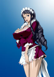 Rule 34 | 1girl, baby 5, black hair, blue eyes, breasts, cleavage, covered erect nipples, drill hair, female focus, gradient background, hand on breast, highres, large breasts, legs, long hair, looking at viewer, maid headdress, nel-zel formula, one piece, open mouth, simple background, skirt, solo, standing, thighs