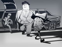 Rule 34 | 3boys, alternate costume, bart simpson, car, carlito 0000, cigarette, closed mouth, coat, coat on shoulders, collared shirt, crossover, family guy, fat, fat man, fedora, formal, grey background, grey theme, greyscale, half-closed eyes, hand in pocket, hands up, hat, highres, jacket, lighting cigarette, limousine, long nose, male focus, monochrome, motor vehicle, mouth hold, multiple boys, necktie, peter griffin, pinstripe pattern, pinstripe suit, pocket, raised eyebrow, shadow, shirt, short hair, sitting, sketch, smoking, spiked hair, spongebob squarepants, spongebob squarepants (series), striped, suit, sunglasses, the simpsons, very short hair, walking, watch, wristwatch