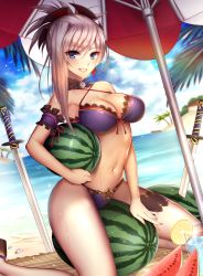 Rule 34 | 1girl, armpits, bad anatomy, bad id, bad pixiv id, beach, beach umbrella, bikini, blue eyes, blurry, breasts, cleavage, collarbone, day, depth of field, fate/grand order, fate (series), food, fringe trim, fruit, highres, hip focus, horizon, katana, large breasts, lemon, looking at viewer, mallizmora, miyamoto musashi (fate), navel, ocean, outdoors, ponytail, smile, solo, straddling, swimsuit, sword, teeth, thighs, umbrella, watermelon, weapon, wet, wet clothes, wet swimsuit