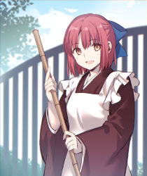 Rule 34 | 1girl, apron, blue bow, blush, bow, broom, brown kimono, cloud, commentary request, day, frilled apron, frills, hair between eyes, hair bow, hipo, holding, holding broom, japanese clothes, kimono, kohaku (tsukihime), leaf, long sleeves, looking at viewer, maid, maid apron, open mouth, outdoors, red hair, short hair, sky, smile, solo, tree, tsukihime, wa maid, white apron, wide sleeves, yellow eyes