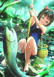 Rule 34 | 1girl, :o, aiuabo, animal, animal ears, barefoot, basket, between legs, black cat, black hair, blue nails, blue one-piece swimsuit, braid, cat, cat ears, commentary request, day, dutch angle, fake animal ears, fish, fishing, fishing rod, frog, green eyes, highres, holding, holding fishing rod, long hair, nail polish, one-piece swimsuit, original, outdoors, river, rock, school swimsuit, sidelocks, sitting, sitting on rock, solo, swimsuit, toenail polish, toenails, tree, twin braids