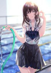 Rule 34 | 1girl, absurdres, black skirt, black tank top, blue bow, blue bowtie, bow, bowtie, brown hair, commentary, crossed legs, hair behind ear, highres, holding, holding hose, hose, open mouth, original, poolside, see-through, shirt, skirt, solo, tank top, water, wet, wet clothes, wet hair, white eyes, white shirt, yuruya (emomomomo)