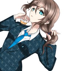 Rule 34 | 1girl, alternate hairstyle, aqua eyes, artist name, artist request, blue eyes, blue necktie, blush, breasts, brown hair, buttons, collared shirt, cup, drinking glass, female focus, floating hair, hair between eyes, highres, holding, holding cup, holding drinking glass, holding own hair, ice, ice cube, jacket, long hair, long sleeves, looking at viewer, love live!, love live! nijigasaki high school idol club, necktie, office lady, osaka shizuku, parted lips, shirt, short ponytail, smile, solo, suit jacket, upper body, wavy hair, white background, white shirt