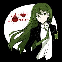 Rule 34 | 1boy, armband, black jacket, blood, blood stain, closed mouth, collared shirt, commentary request, copyright name, expressionless, eyebrow cut, green armband, green eyes, green hair, green necktie, jacket, lobotomy corporation, long hair, long sleeves, male focus, necktie, netzach (project moon), open clothes, open jacket, project moon, shirt, solo, upper body, white shirt, yayoi sekai