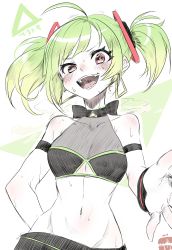 Rule 34 | 1girl, arm behind back, arm strap, blush, bracelet, breasts, clothing cutout, delruki, delutaya, earrings, fangs, green hair, hair behind ear, halterneck, highres, jewelry, looking at viewer, midriff, navel, open hand, outstretched arm, red eyes, short hair, small breasts, solo, sui hi sf, sweat, triangle earrings, twintails, underboob cutout, v-shaped eyebrows, virtual youtuber
