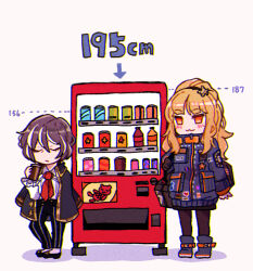 Rule 34 | :3, black pants, black pantyhose, blue footwear, blue jacket, blush, boots, bottle, can, closed mouth, collared shirt, ezra (project moon), height difference, high ponytail, jacket, long hair, long sleeves, medium hair, moses (project moon), multicolored hair, neckerchief, orange eyes, pants, pantyhose, project moon, red neckerchief, shirt, sidelocks, simple background, standing, streaked hair, the distortion detective, vending machine, very long hair, white background, white hair, white shirt, yono neie