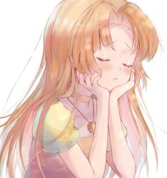 Rule 34 | 1girl, blush, closed mouth, dorara9002, frown, hand on own face, hime cut, long hair, mermaid melody pichi pichi pitch, orange eyes, orange hair, orange shirt, pout, pouty lips, sad, seira (mermaid melody pichi pichi pitch), shirt, simple background, sleeve, solo, white background, yellow shirt