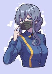 Rule 34 | 1girl, absurdres, blue background, blue eyes, blue hair, buttons, collared shirt, commission, coronavirus pandemic, cropped torso, gotland (kancolle), hair between eyes, heart, highres, kantai collection, long hair, long sleeves, mask, military, military uniform, mole, mole under eye, mouth mask, pixiv commission, shirt, solo, unagiman, uniform