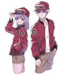 Rule 34 | 1boy, 1girl, :d, arm up, baseball cap, blue eyes, bulma, character name, commentary request, dragon ball, dragonball z, fingernails, frown, hand in pocket, happy, hat, height difference, highres, image sample, jacket, long sleeves, looking at viewer, mother and son, open mouth, purple hair, red jacket, shirt, short hair, shorts, simple background, smile, standing, trunks (dragon ball), twitter sample, upper body, white background, white shirt