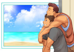 Rule 34 | 2boys, armpits, bara, biceps, blue eyes, brown hair, building, closed eyes, cloud, cloudy sky, day, highres, hug, lifting person, looking to the side, male focus, manly, mature male, multiple boys, muscular, muscular male, nakata shunpei, ocean, original, pants, red hair, sand, shirt, short hair, sideburns, sky, sleeveless, smile, spiked hair, sun, sunlight, t-shirt, teeth, upper body