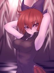 Rule 34 | 1girl, armpits, arms behind head, arms up, bare arms, black shirt, blue bow, blush, bow, breasts, collared shirt, eyebrows, hair bow, looking at viewer, miata (miata8674), red eyes, red hair, red skirt, sekibanki, shirt, short hair, skirt, sleeveless, sleeveless shirt, slit pupils, solo, touhou, upper body