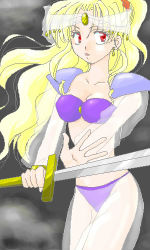 Rule 34 | 1990s (style), 1girl, bikini, breasts, class change, cleavage, female focus, final fantasy, final fantasy iv, holding, holding sword, holding weapon, lowres, mystic knight, oekaki, rosa farrell, solo, swimsuit, sword, weapon