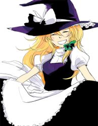 Rule 34 | 1girl, bad id, bad pixiv id, blonde hair, closed eyes, dress, female focus, hair ribbon, hat, kirisame marisa, moo, ribbon, simple background, smile, solo, touhou, white background, witch, witch hat