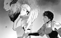 Rule 34 | 2boys, arm at side, arm grab, arm guards, armor, dark-skinned male, dark skin, demon, demon horns, dungeon meshi, feathered wings, greyscale, highres, horns, kabru, laios touden, long sleeves, looking at another, looking at viewer, looking back, male focus, monochrome, multiple boys, negri, open mouth, outstretched arm, pauldrons, plate armor, profile, short hair, short sleeves, shoulder armor, sideways glance, single pauldron, spoilers, undercut, upper body, winged lion (dungeon meshi), wings