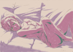 Rule 34 | 1girl, bare shoulders, barefoot, breasts, cleavage, couch, dated, graphite (medium), green eyes, judasjen, legs up, light smile, long hair, looking at viewer, lying, mixed media, nightgown, on back, on bed, pillow, pink theme, solo, traditional media, v arms