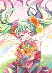 Rule 34 | 1girl, absurdres, ai kotoba ii (vocaloid), black skirt, black sleeves, blue nails, closed eyes, detached sleeves, feathered wings, flower, gradient hair, green hair, hair flower, hair ornament, hatsune miku, highres, long hair, multicolored hair, nagitofuu, open mouth, orange flower, pink eyes, pink flower, pink trim, skirt, smile, solo, twintails, very long hair, vocaloid, white wings, wings, yellow flower