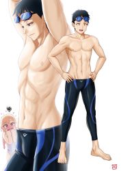 Rule 34 | 1boy, 1girl, abs, armpits, arms up, black eyes, black hair, black male swimwear, commentary, cosplay, english commentary, finalcake, free!, goggles, goggles on head, gojou wakana, hands on own hips, highres, kitagawa marin, legskin, male swimwear, ryuugazaki rei, ryuugazaki rei (cosplay), short hair, simple background, solo focus, sono bisque doll wa koi wo suru, spiked hair, topless male, white background