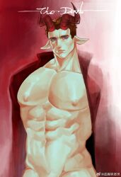 Rule 34 | 1boy, abs, bara, bare pectorals, check copyright, coat, copyright request, cowboy shot, demon boy, demon horns, expressionless, groin, highres, horns, huge pectorals, looking at viewer, male focus, mature male, monster boy, muscular, muscular male, naked coat, navel, navel hair, nipples, original, pectorals, pointy ears, shaved body, solo, standing, stomach, tsurime, xie xing wei e ling