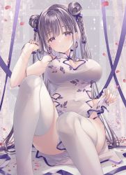 Rule 34 | 1girl, bare shoulders, blush, braid, breasts, china dress, chinese clothes, cleavage cutout, clothing cutout, commentary request, double bun, dress, feet out of frame, hair bun, hand up, highres, holding hands, large breasts, legs, long hair, looking at viewer, original, parted lips, purple eyes, purple hair, purple ribbon, ribbon, sitting, solo, sousouman, thighhighs, twintails, very long hair, white dress, white thighhighs