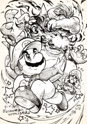 Rule 34 | 3boys, armlet, big nose, bowser, breath weapon, breathing fire, brothers, buttons, cabbie hat, clenched hand, clenched teeth, closed mouth, commentary request, dated, facial hair, fighting, fingernails, fire, flying sweatdrops, frown, furry, furry male, gloves, greyscale, hands on own head, hat, highres, horns, ink (medium), jumping, long sleeves, luigi, male focus, mario, mario (series), monochrome, multiple boys, mustache, nintendo, nostrils, open mouth, overalls, raised eyebrows, scared, shaded face, shadow, sharp fingernails, sharp teeth, shirt, shoes, short hair, siblings, signature, smile, spiked armlet, spiked shell, spiked tail, star (symbol), super mario bros. 1, tail, teeth, thick eyebrows, traditional media, translation request, turtle shell, wide-eyed, yamato koara