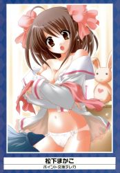 Rule 34 | 1girl, :o, absurdres, bow, bra, breast hold, breasts, cleavage, d:, hair bow, highres, matsushita makako, open mouth, panties, school uniform, skirt, skirt around one leg, solo, stuffed animal, stuffed rabbit, stuffed toy, thighhighs, underwear, undressing, white panties
