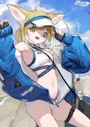 1girl :d absurdres animal_ear_fluff animal_ears arknights arms_up bare_shoulders bikini bikini_under_clothes black_gloves blonde_hair blue_sky bottle cosplay cowboy_shot day fingerless_gloves flat_chest floating_hair fox_ears fox_girl fox_tail gloves green_eyes hand_on_headwear hat highres jknor long_hair long_sleeves looking_at_viewer material_growth multiple_tails navel off_shoulder official_alternate_costume open_mouth oripathy_lesion_(arknights) outdoors sideroca_(arknights) sideroca_(light_breeze)_(arknights) sideroca_(light_breeze)_(arknights)_(cosplay) signature sky sleeves_past_wrists smile solo stomach suzuran_(arknights) swimsuit tail thigh_strap very_long_hair visor_cap white_bikini white_hat wind