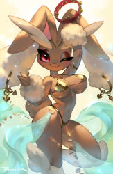 Rule 34 | 1girl, :3, animal ears, animal nose, arm up, armlet, artist name, bare shoulders, bikini, blush, body fur, breasts, brown fur, circlet, closed mouth, coin, collarbone, creatures (company), dancing, earrings, female focus, furry, furry female, game freak, gen 4 pokemon, gold, hand up, happy, heart, holding, holding instrument, hoop earrings, instrument, jewelry, large breasts, leg up, light particles, light smile, looking at viewer, lopunny, navel, nintendo, one eye closed, pokemon, pokemon (creature), popodunk, rabbit ears, rabbit girl, rabbit tail, red eyes, see-through, shiny clothes, signature, simple background, skindentation, smile, solo, standing, standing on one leg, stomach, string bikini, swimsuit, tail, tambourine, thick thighs, thighs, underboob, wink, yellow background, yellow bikini