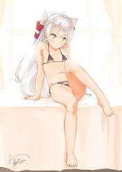 Rule 34 | 10s, 1girl, amatsukaze (kancolle), bare shoulders, barefoot, bikini, blush, brown eyes, flat chest, full body, hair tubes, highres, kanamura will, kantai collection, leg up, long hair, navel, signature, silver hair, simple background, sitting, solo, swimsuit, two side up