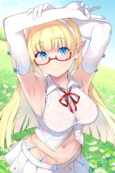 Rule 34 | 1girl, absurdres, armpits, arms up, bare shoulders, blonde hair, blouse, blue eyes, bra, bra strap, bra visible through clothes, breasts, button gap, collared shirt, commission, crop top, dress shirt, elbow gloves, elf, elf no radral, flower, glasses, gloves, groin, hairband, highres, inari (inariya), large breasts, long hair, looking at viewer, midriff, miniskirt, navel, neck ribbon, original, partially unbuttoned, pink bra, pleated skirt, pointy ears, red-framed eyewear, ribbon, see-through, semi-rimless eyewear, shirt, skeb commission, skirt, sleeveless, sleeveless shirt, smile, solo, stomach, under-rim eyewear, underwear, upper body, v, white flower, white gloves, white shirt, white skirt