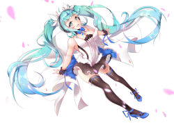 Rule 34 | 1girl, :d, absurdres, ankle lace-up, aqua eyes, aqua hair, black skirt, black thighhighs, blue footwear, blue ribbon, breasts, cleavage, commentary request, cross-laced footwear, gradient hair, hair ornament, hatsune miku, headphones, high heels, highres, long hair, looking at viewer, medium breasts, multicolored hair, open mouth, petals, pleated skirt, ribbon, shirt, simple background, skirt, smile, solo, strapless, thighhighs, twintails, very long hair, vocaloid, white background, white shirt, wrist cuffs, yiyu qing mang