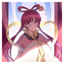 Rule 34 | 1girl, bad id, bad pixiv id, dine&amp;rita, eyebrows, hair ornament, hairpin, long hair, looking at viewer, magi the labyrinth of magic, own hands together, pink eyes, red hair, ren kougyoku, smile, solo, upper body