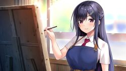 Rule 34 | 1girl, akebi saki, amaemi-longing for you-, apron, black hair, blue apron, blush, canvas (object), closed mouth, collared shirt, game cg, hair between eyes, hair ornament, hairclip, holding, indoors, long hair, necktie, oryo (oryo04), red eyes, red necktie, shirt, short sleeves, smile, solo, spring (season), upper body, white shirt, wing collar