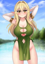 Rule 34 | 1girl, annoyed, arms behind head, arms up, blonde hair, blush, breast cutout, breasts, cleavage, clothing cutout, cloud, collarbone, day, detached sleeves, dress, elf, eyes visible through hair, green dress, highres, large breasts, long hair, navel, navel cutout, no bra, no panties, original, outdoors, pelvic curtain, pointy ears, see-through, sky, solo, the only shoe, tree, water, wide hips, yellow eyes