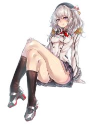 Rule 34 | 10s, 1girl, arm support, ascot, beret, black panties, black socks, blue eyes, blush, breasts, crossed legs, deluxe&lt;&lt;&lt;, epaulettes, eyebrows, frilled sleeves, frills, full body, gloves, hand on own knee, hat, high heels, jacket, kantai collection, kashima (kancolle), kneehighs, long hair, long legs, looking at viewer, military jacket, panties, pantyshot, parted lips, pleated skirt, pumps, shiny skin, shirt, sidelocks, silver hair, simple background, sitting, skirt, smile, socks, solo, taut clothes, taut shirt, thighs, tsurime, twintails, underwear, wavy hair, white background, white gloves