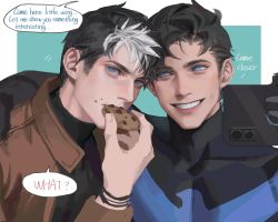 Rule 34 | 2boys, batman (series), black bodysuit, black hair, black shirt, blue bodysuit, blue eyes, bodysuit, brothers, brown jacket, cookie, dc comics, dick grayson, eating, food, highres, holding, holding cookie, holding food, holding phone, jacket, jason todd, looking at another, male focus, multicolored hair, multiple boys, nightwing, open clothes, open jacket, phone, red hood (dc), selfie, shirt, short hair, siblings, sideburns, smile, teeth, two-tone bodysuit, two-tone hair, upper body, white hair, yaoyao794