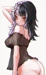 Rule 34 | 1girl, absurdres, ass, black bra, black hair, blush, bra, breasts, grey hair, hair ornament, highres, hololive, hololive english, large breasts, long hair, looking at viewer, looking back, multicolored hair, naokomama, nightgown, open mouth, see-through, shiori novella, simple background, solo, split-color hair, two-tone hair, underwear, virtual youtuber, white background, yellow eyes