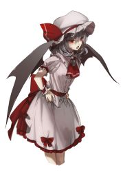 Rule 34 | &gt;:o, 1girl, :o, arm garter, ascot, bat wings, brooch, cowboy shot, fang, frilled shirt collar, frills, from side, grey hair, hands on own hips, hat, hat ribbon, highres, jewelry, leaning forward, looking away, mob cap, no-kan, puffy short sleeves, puffy sleeves, red eyes, red ribbon, remilia scarlet, ribbon, sash, shirt, short sleeves, skirt, skirt set, solo, touhou, v-shaped eyebrows, white background, white shirt, white skirt, wings, wrist cuffs