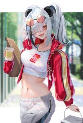 Rule 34 | 1girl, absurdres, animal ears, arknights, black hair, blurry, blurry background, breasts, commentary request, cup, disposable cup, eyewear on head, fang, feater (arknights), feater (gourmet) (arknights), grey pants, hair over one eye, highres, holding, holding cup, jacket, large breasts, long sleeves, looking at viewer, midriff, multicolored hair, navel, official alternate costume, open clothes, open jacket, open mouth, outdoors, panda ears, panda girl, pants, puffy long sleeves, puffy sleeves, red jacket, revision, round eyewear, shirt, skin fang, smile, solo, sonna watashi, stomach, streaked hair, white hair, white shirt, yellow eyes