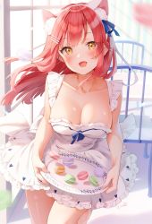 Rule 34 | animal ears, apron, blush, breasts, cat ears, cleavage, fake animal ears, food, highres, holding, holding tray, kinako (shiratama mochi), large breasts, long hair, looking at viewer, macaron, naked apron, open mouth, original, pink hair, solo, tray, yellow eyes
