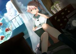 Rule 34 | 1girl, absurdres, blue sky, book, brown eyes, clock, cloud, commentary request, curtains, day, dutch angle, fish, fishbowl, goldfish, grey sailor collar, grey skirt, hair flaps, highres, indoors, kantai collection, long hair, pink hair, plant, pleated skirt, ponytail, reading, sailor collar, school uniform, serafuku, shanghmely, sheep, shirt, short sleeves, sitting, skirt, sky, solo, very long hair, white shirt, yura (kancolle)