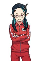 Rule 34 | 1girl, nanashi inc., bespectacled, black hair, blue hair, closed mouth, commentary request, cosplay, cowboy shot, crossed arms, demon girl, demon horns, expressionless, fang, fang out, flat chest, glasses, gokusen, heebee, highres, horns, jacket, long hair, looking at viewer, low twintails, multicolored hair, pants, pointy ears, red eyes, red jacket, red pants, shishio chris, simple background, solo, sugar lyric, track jacket, track pants, twintails, two-tone hair, virtual youtuber, white background, yamaguchi kumiko, yamaguchi kumiko (cosplay)