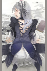 Rule 34 | 00s, 1girl, ass, back, book, dress, feathers, grey hair, highres, lips, looking back, moruga, pink eyes, red eyes, rozen maiden, solo, suigintou