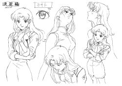 Rule 34 | 1girl, absurdres, character sheet, frown, greyscale, highres, monochrome, multiple views, neon genesis evangelion, official art, production art, retro artstyle, sadamoto yoshiyuki, simple background, white background, zip available