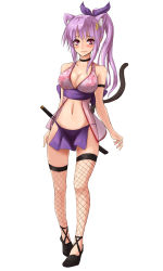 Rule 34 | 1girl, absurdres, alternate costume, amagi (amagi626), animal ears, blush, breasts, cat ears, cat tail, cleavage, crescent, crescent hair ornament, embarrassed, fishnets, floral print, full body, hair ornament, hair ribbon, highres, large breasts, loincloth, long hair, looking at viewer, midriff, navel, ninja, patchouli knowledge, pelvic curtain, ponytail, purple eyes, purple hair, ribbon, see-through, shoes, simple background, solo, standing, sword, tail, touhou, weapon, white background