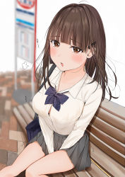 Rule 34 | 1girl, absurdres, bad id, bad pixiv id, bag, bench, between legs, blue bow, blue bowtie, blunt bangs, blush, bow, bowtie, breasts, brown eyes, brown hair, bus stop sign, button gap, collared shirt, feet out of frame, grey skirt, hair ornament, hairclip, hand between legs, highres, long hair, long sleeves, looking at viewer, medium breasts, open mouth, original, pleated skirt, school bag, school uniform, shirt, sitting, skirt, solo, thighs, uiri-na, white shirt